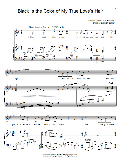 Southern Appalachian Folk Song Black Is the Color Of My True Love's Hair Sheet Music