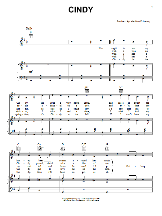 Southern Appalachian Folk Song Cindy Sheet Music