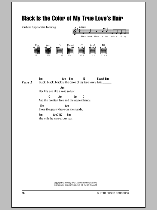 Traditional American Folksong Black Is the Color of My True Love's Hair Sheet Music