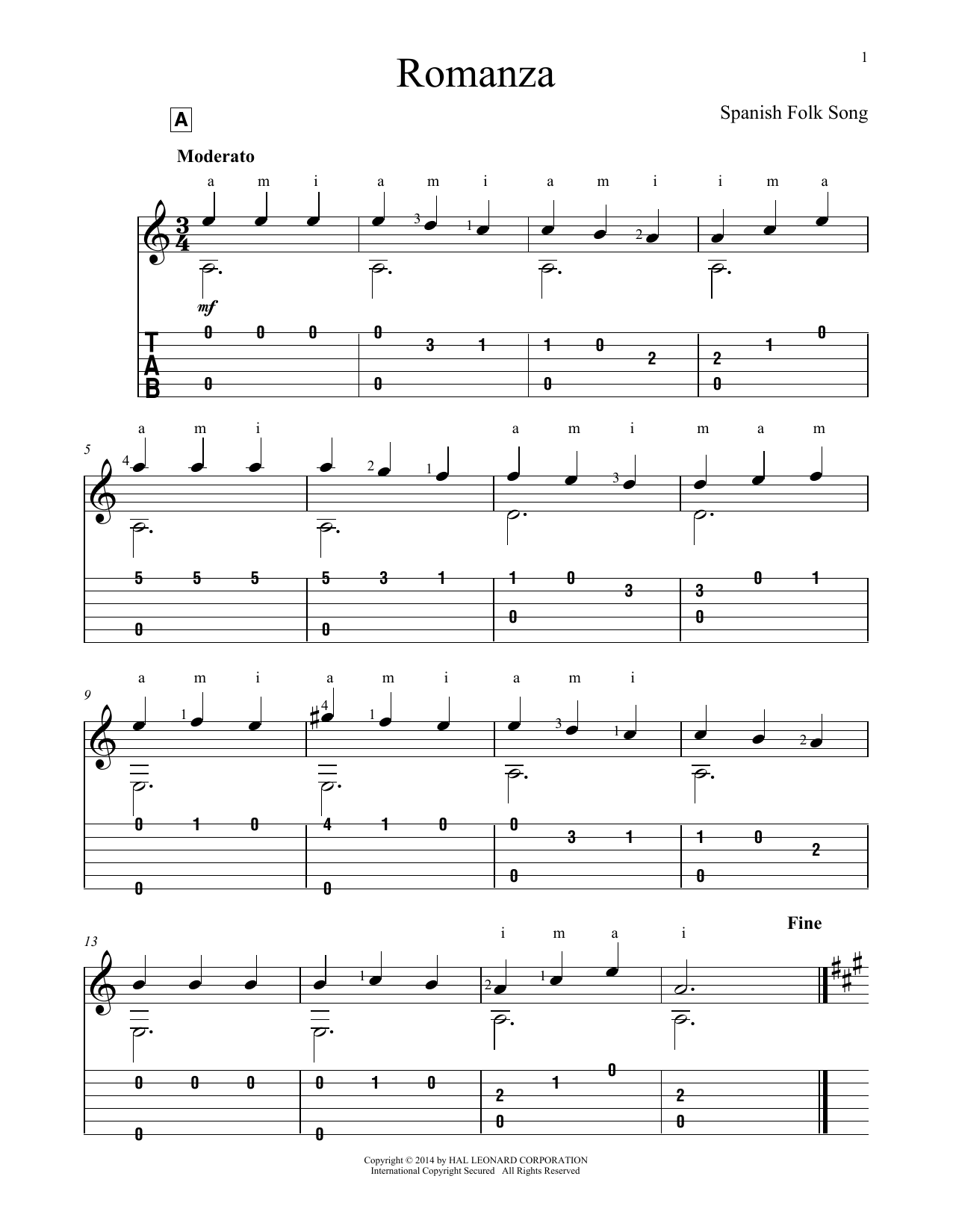 Spanish Folk Song Romanza Sheet Music