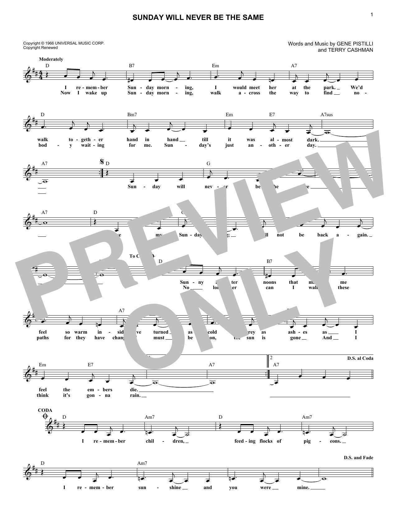 Spanky & Our Gang Sunday Will Never Be The Same Sheet Music
