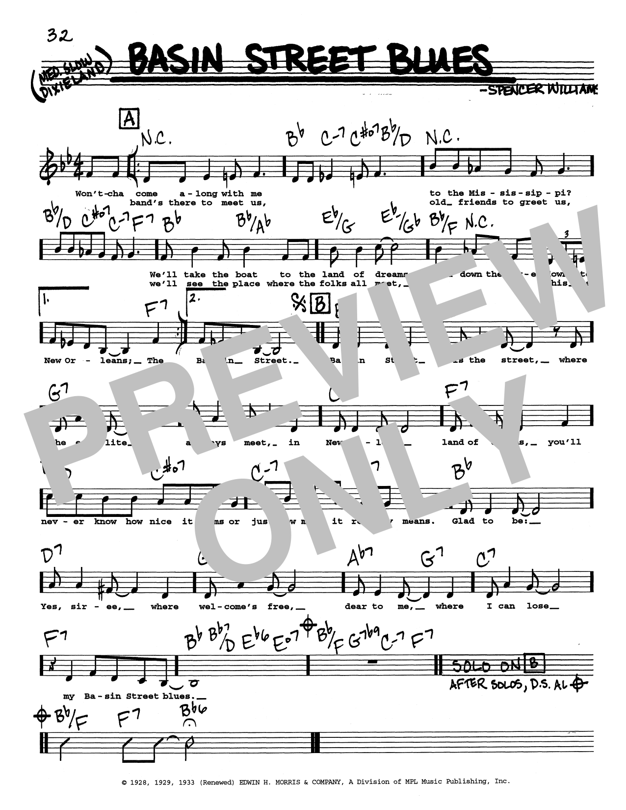 Spencer Williams Basin Street Blues (Low Voice) Sheet Music
