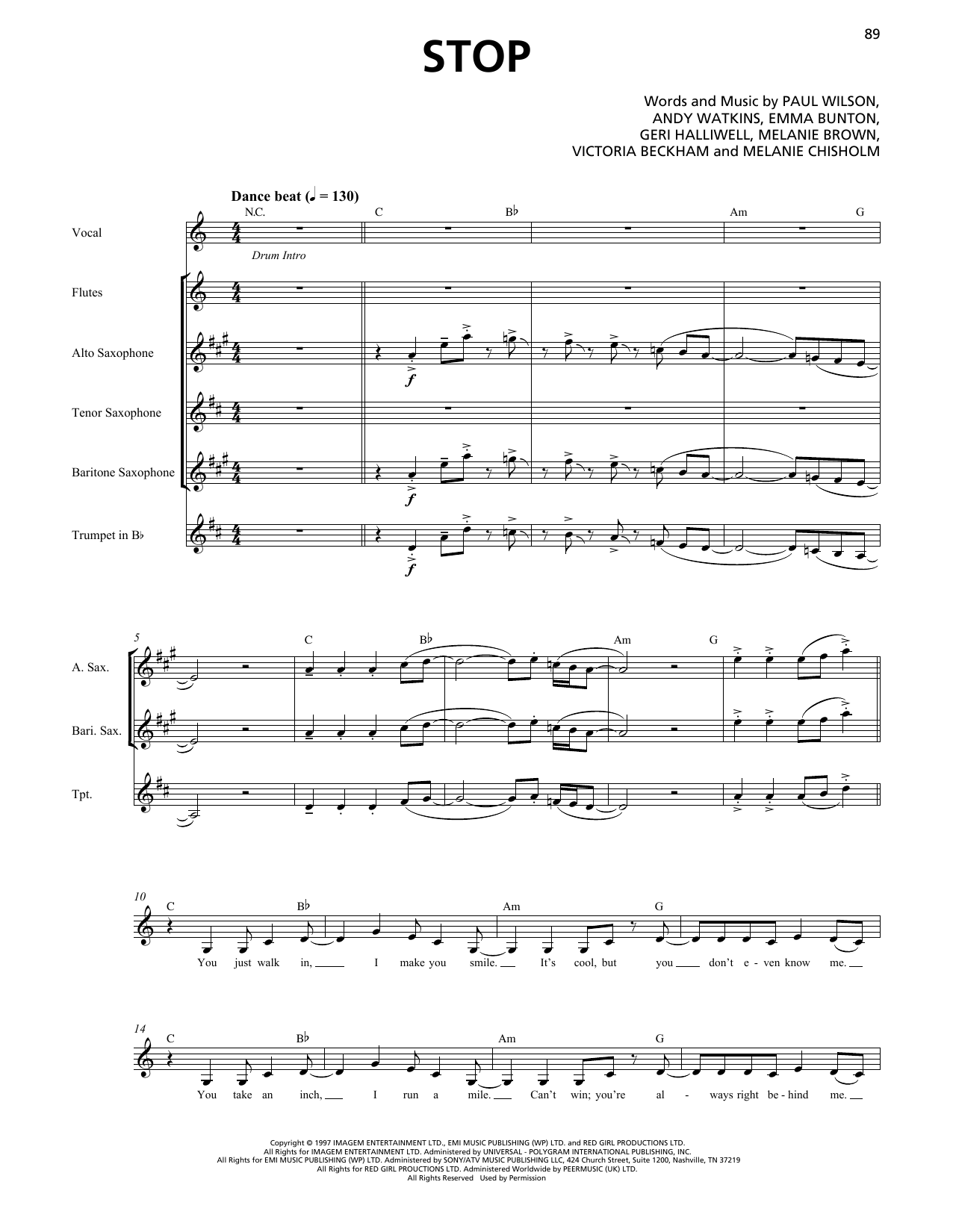 Spice Girls Stop (Horn Section) Sheet Music