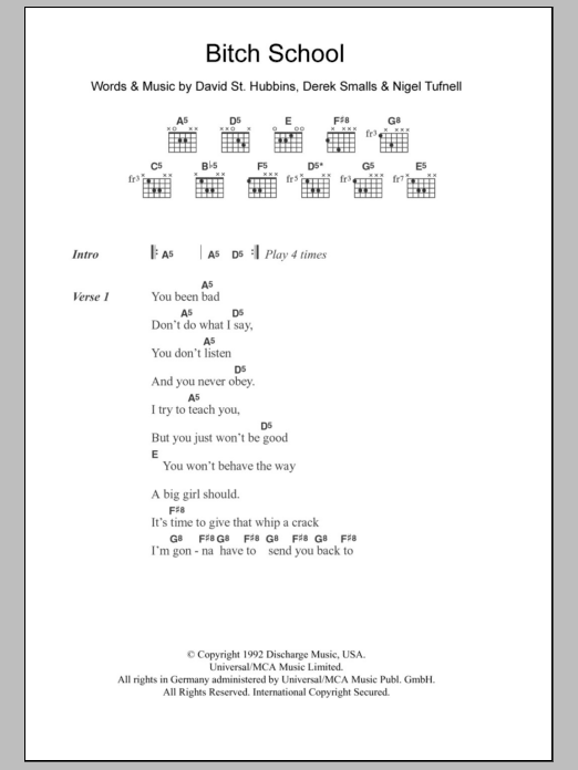 Spinal Tap Bitch School Sheet Music
