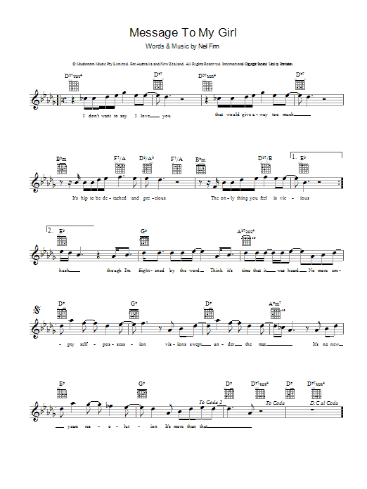 Split Enz Message To My Girl Sheet Music
