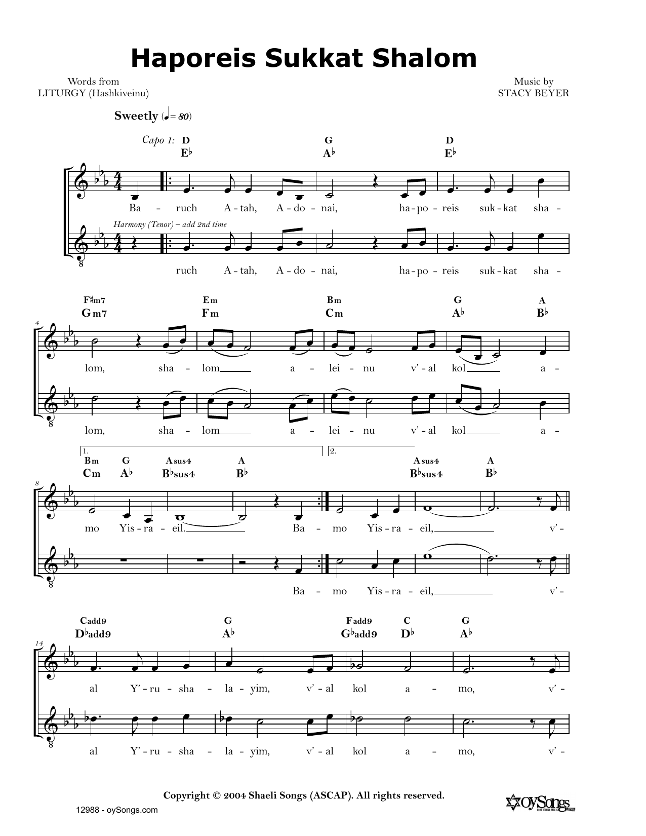 Stacy Beyer Haporeis Sukat Shalom Sheet Music
