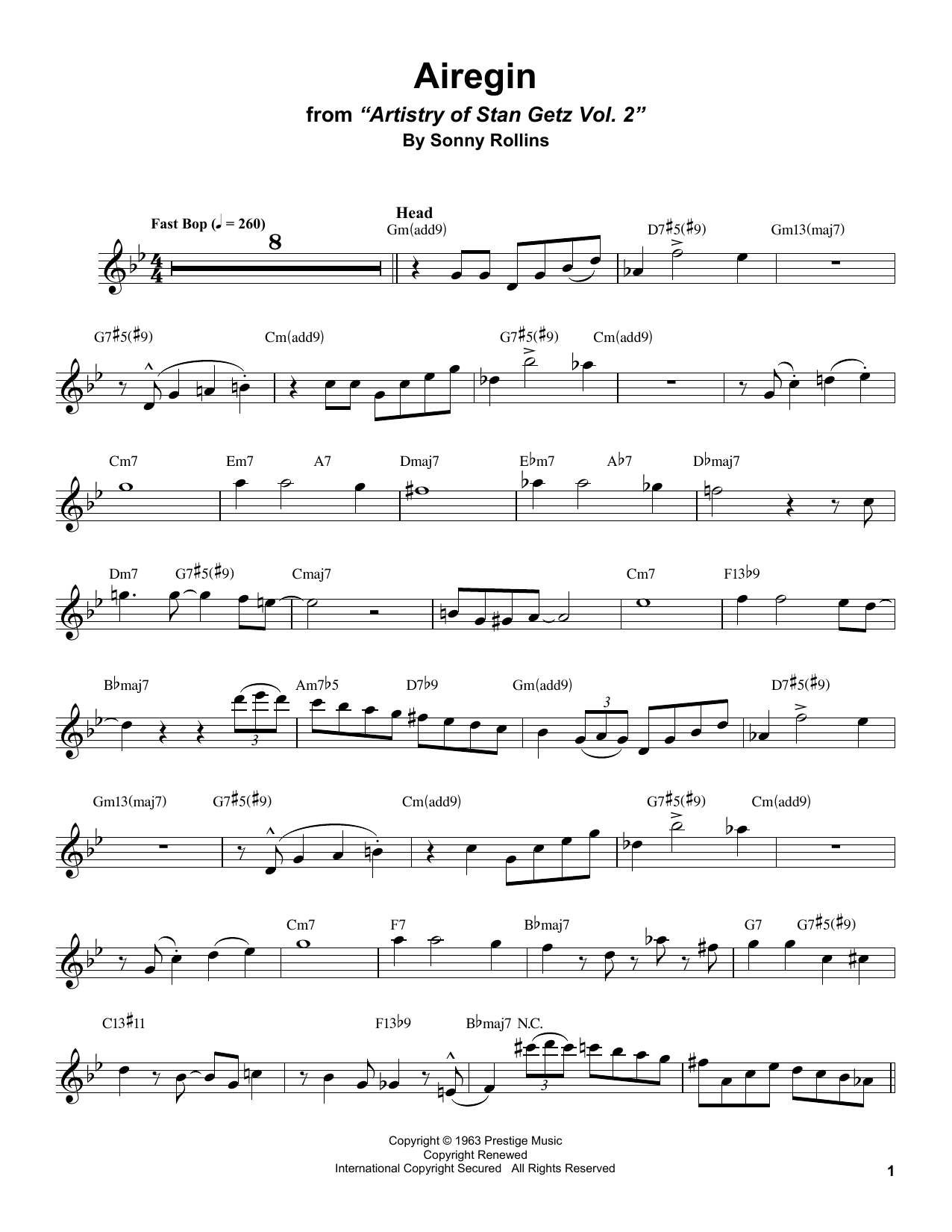 Stan Getz Airegin Sheet Music