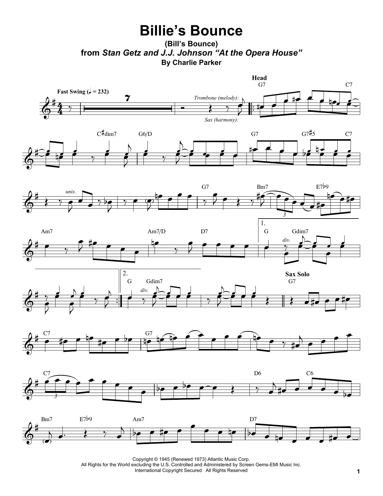 Stan Getz Billie's Bounce (Bill's Bounce) Sheet Music