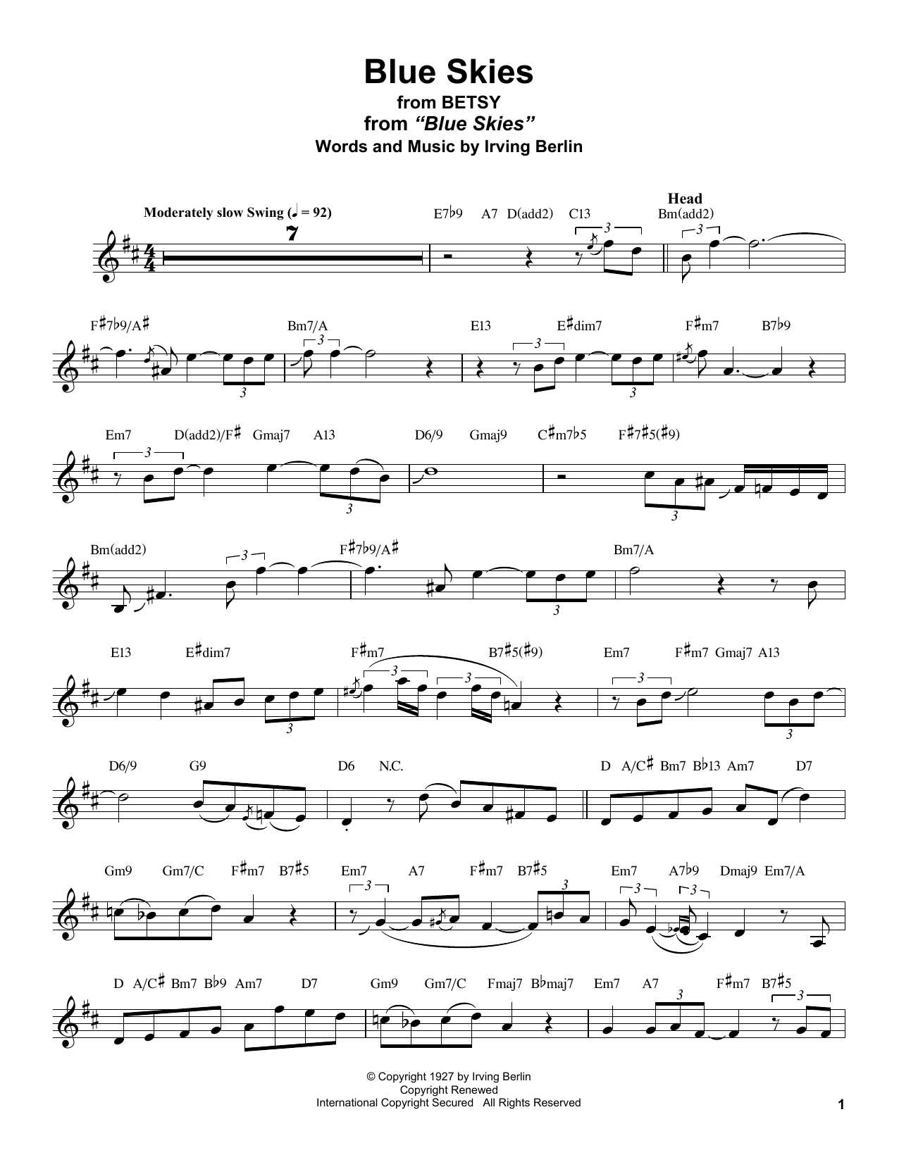 Stan Getz Blue Skies (from Betsy) Sheet Music