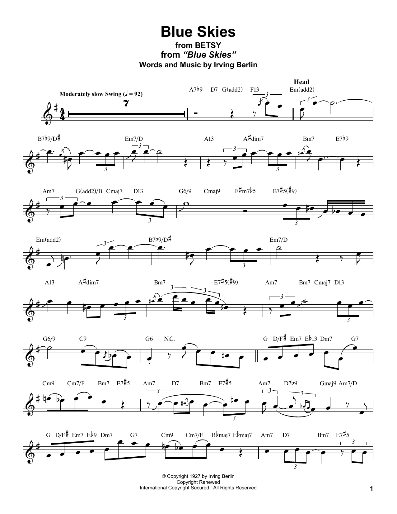 Stan Getz Blue Skies Sheet Music