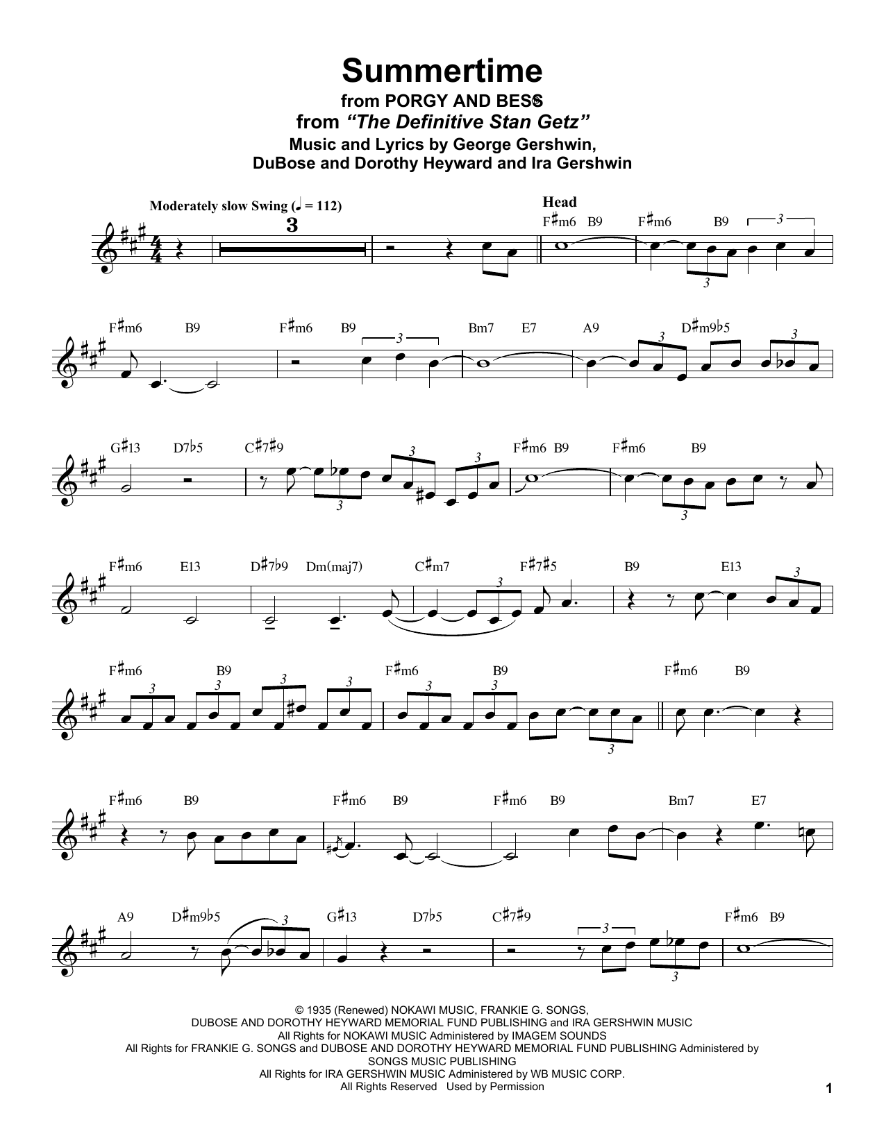 Stan Getz Summertime (from Porgy and Bess) Sheet Music