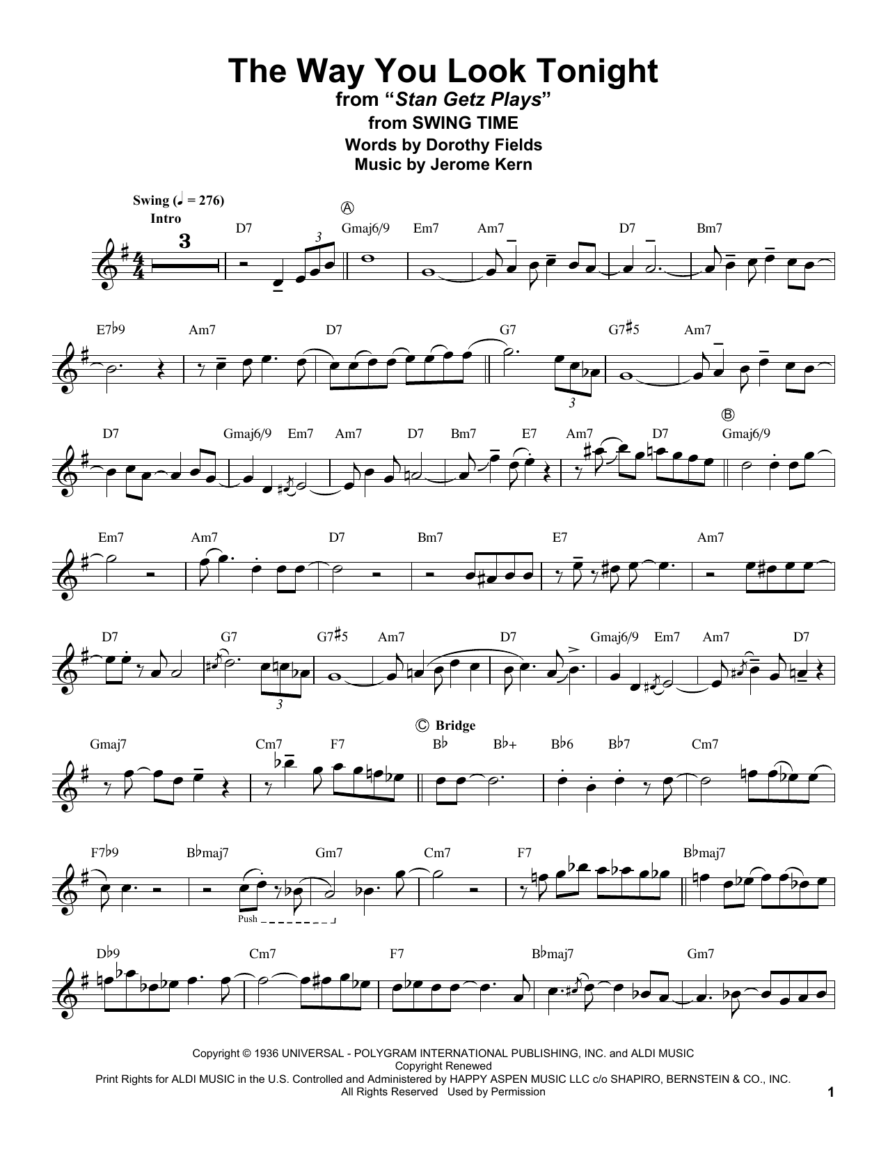 Stan Getz The Way You Look Tonight Sheet Music
