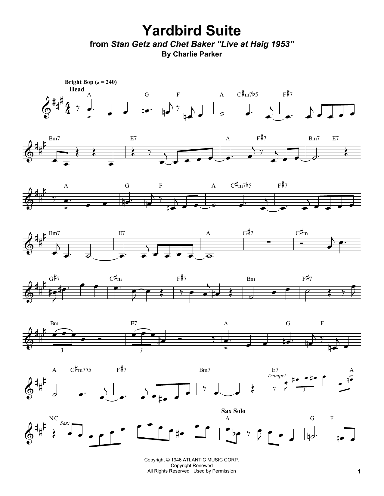Stan Getz Yardbird Suite Sheet Music