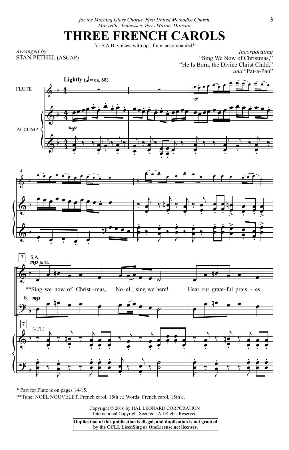 Stan Pethel Three French Carols Sheet Music