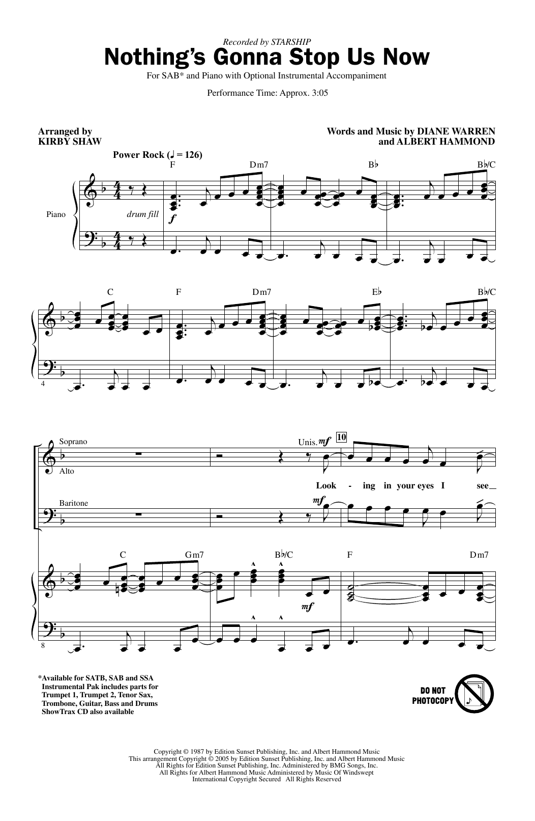 Starship Nothing's Gonna Stop Us Now (arr. Kirby Shaw) Sheet Music