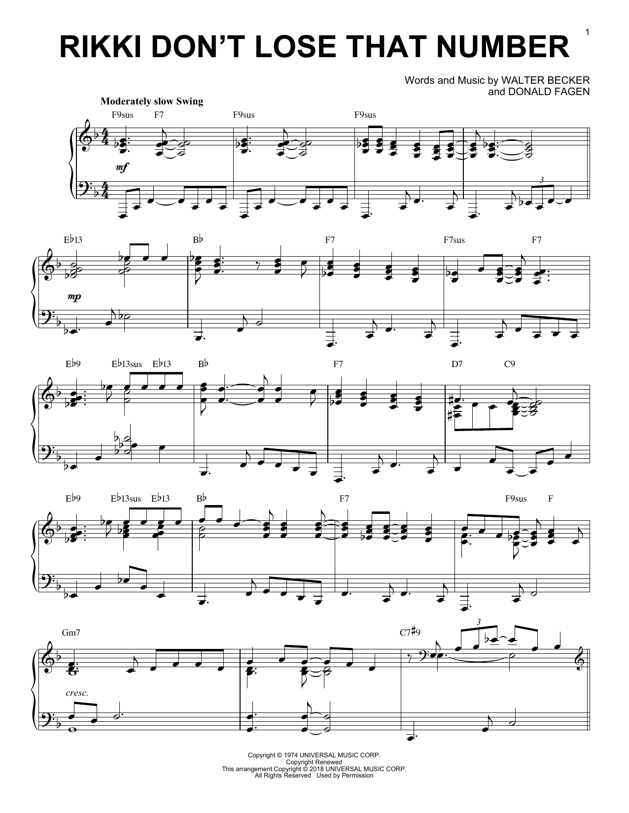 Steely Dan Rikki Don't Lose That Number [Jazz version] Sheet Music