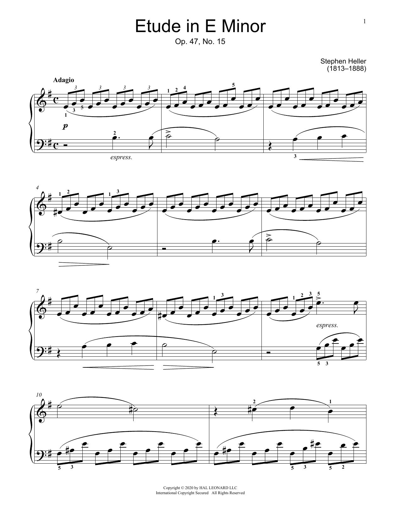 Stephen Heller Etude In E Minor, Op. 47, No. 15 Sheet Music