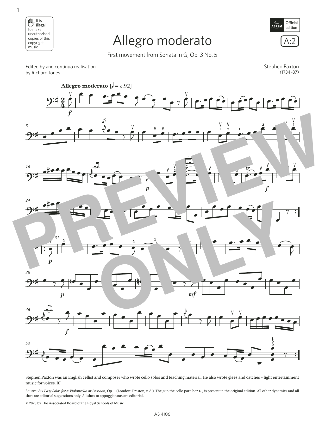 Stephen Paxton Allegro moderato (Grade 3, A2, from the ABRSM Cello Syllabus from 2024) Sheet Music