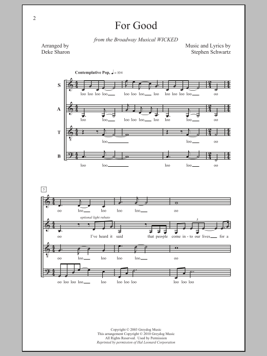 Stephen Schwartz For Good (from Wicked) (arr. Deke Sharon) Sheet Music