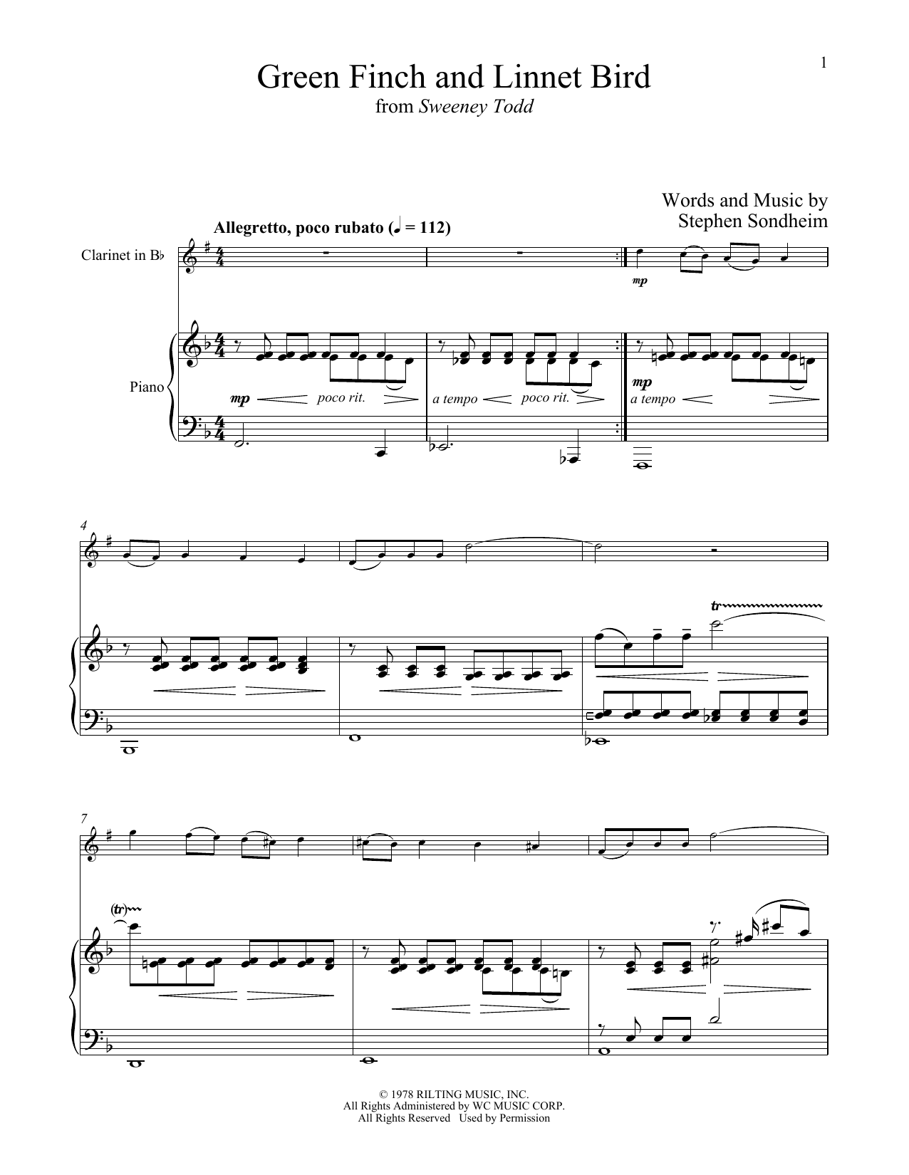 Stephen Sondheim Green Finch And Linnet Bird (from Sweeney Todd) Sheet Music