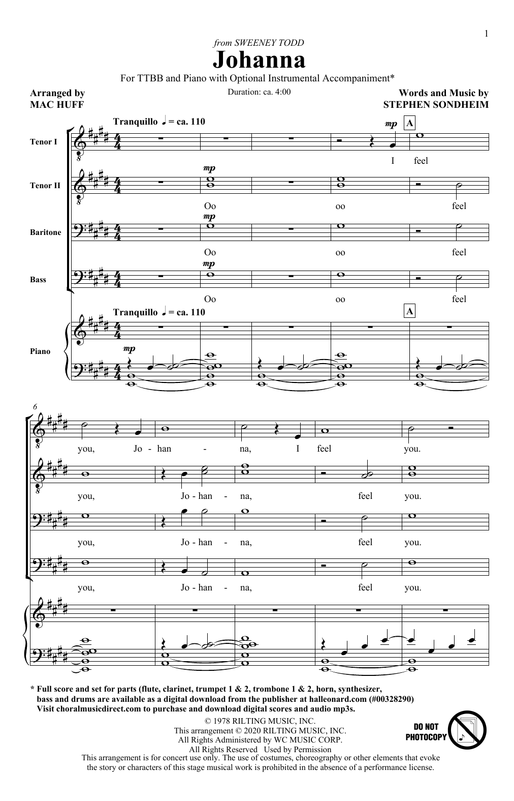 Stephen Sondheim Johanna (from Sweeney Todd) (arr. Mac Huff) Sheet Music