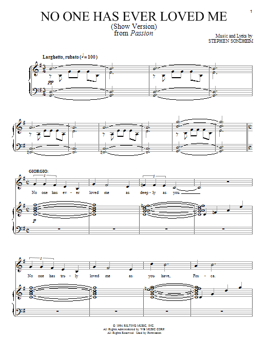 Stephen Sondheim No One Has Ever Loved Me (Show Version) Sheet Music