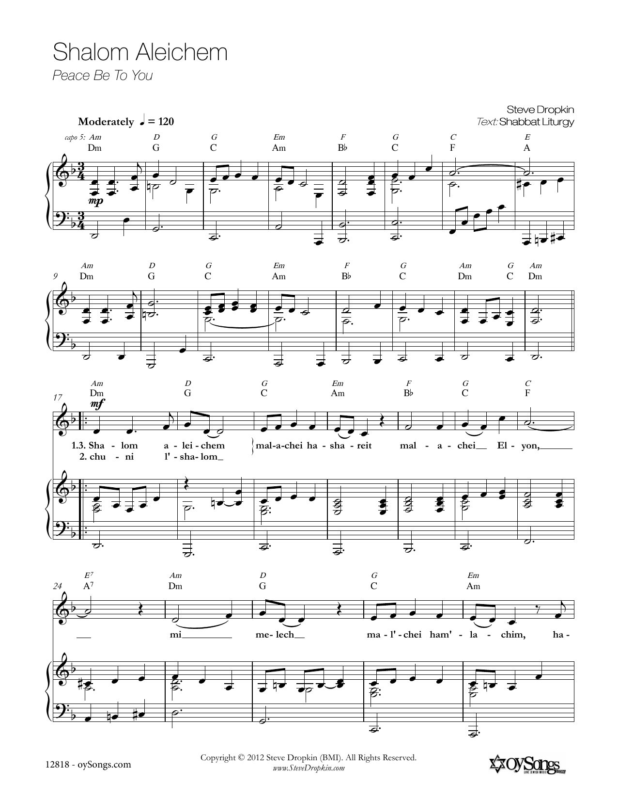 Steve Dropkin Shalom Aleichem Sheet Music