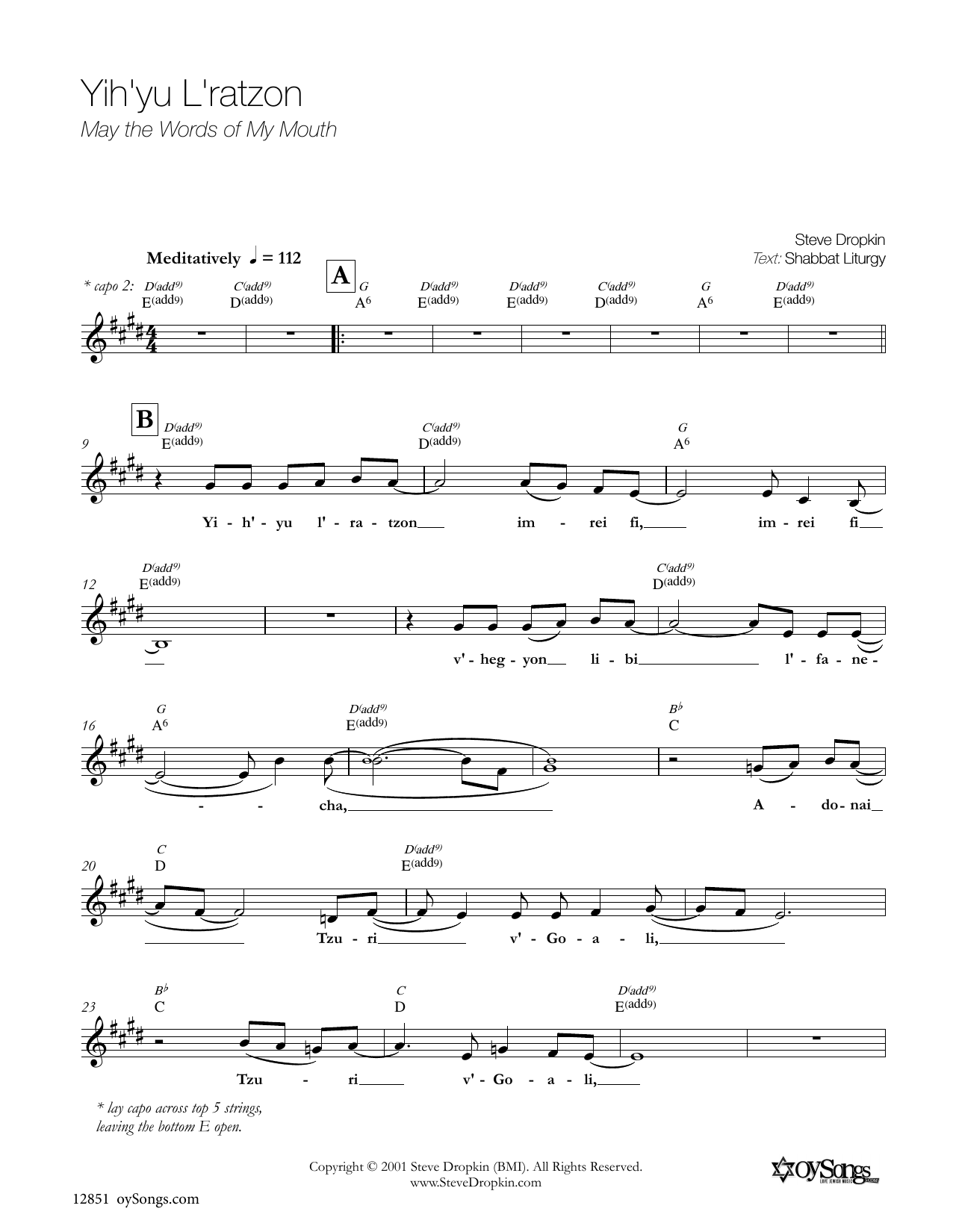 Steve Dropkin Yih'yu L'ratzon Sheet Music