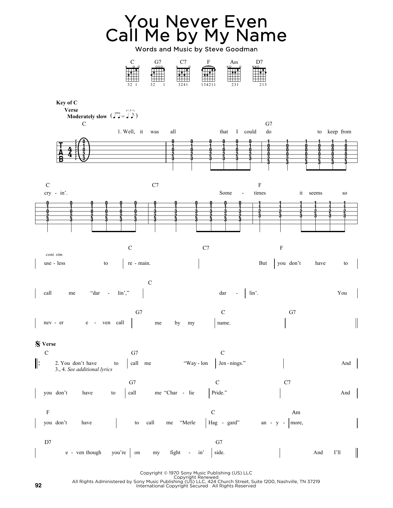 Steve Goodman You Never Even Call Me By My Name Sheet Music