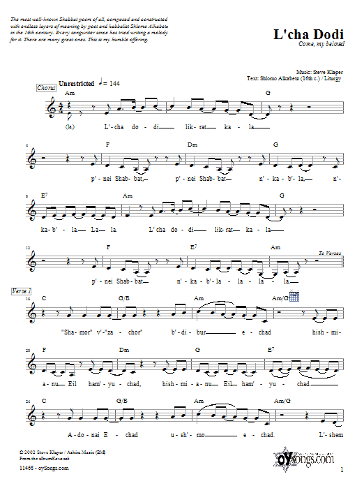 Steve Klaper L'cha Dodi Sheet Music