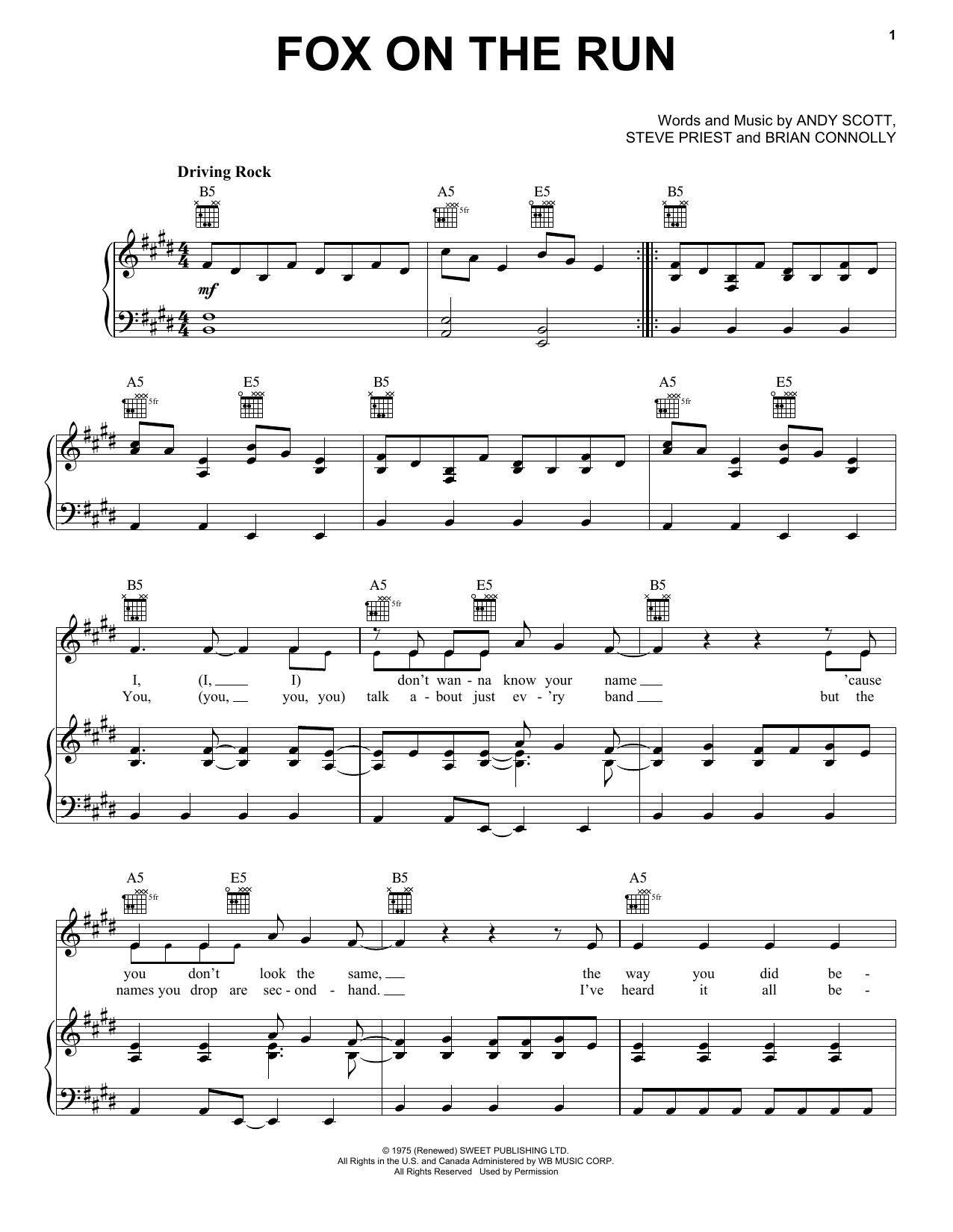 Steve Priest Fox On The Run Sheet Music