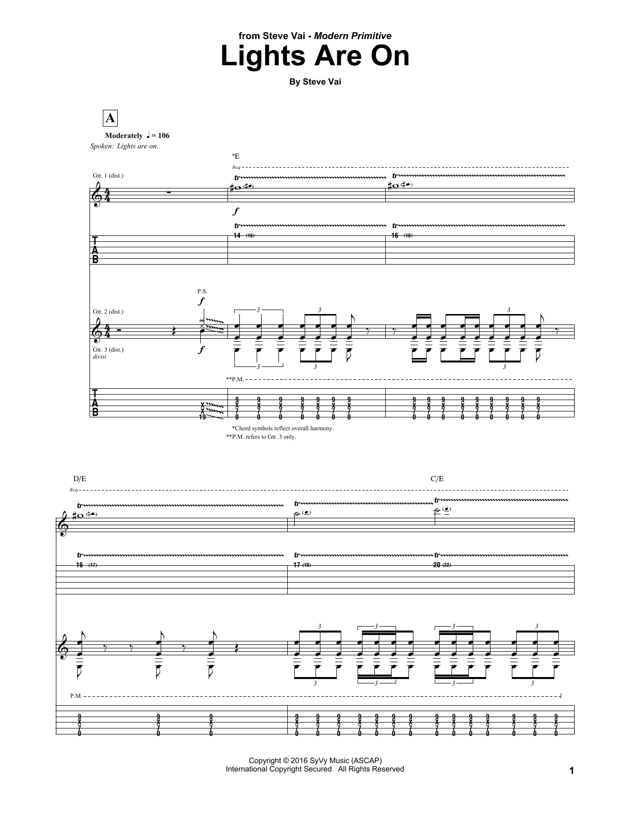 Steve Vai Lights Are On Sheet Music