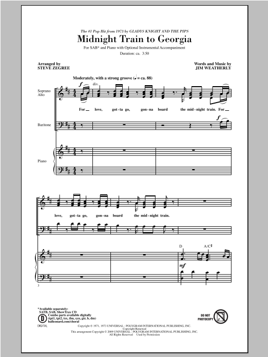 Steve Zegree Midnight Train To Georgia Sheet Music