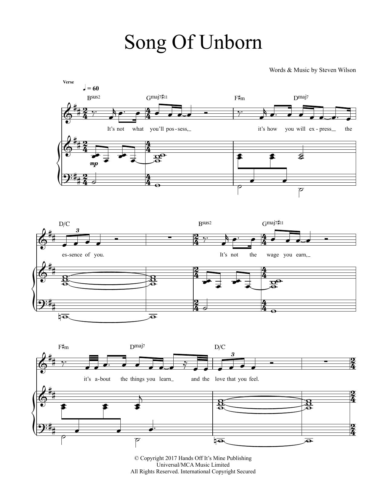 Steven Wilson Song Of Unborn Sheet Music