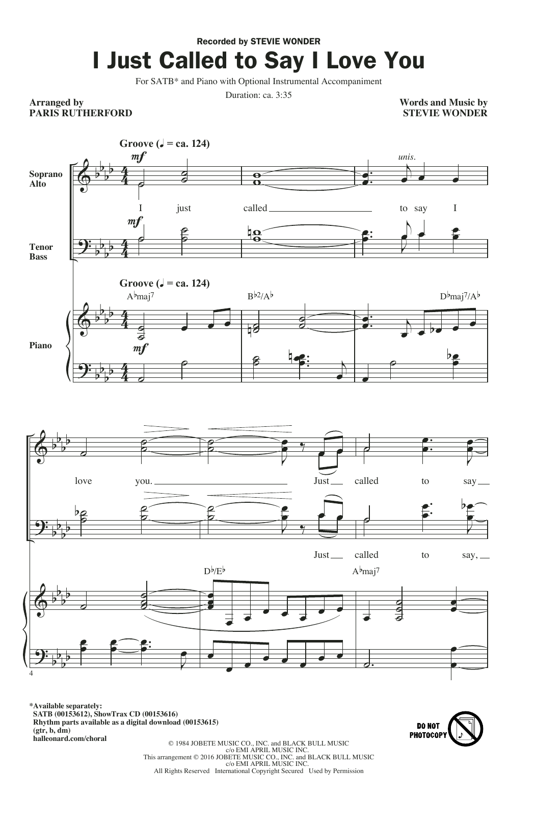 Stevie Wonder I Just Called To Say I Love You (arr. Paris Rutherford) Sheet Music