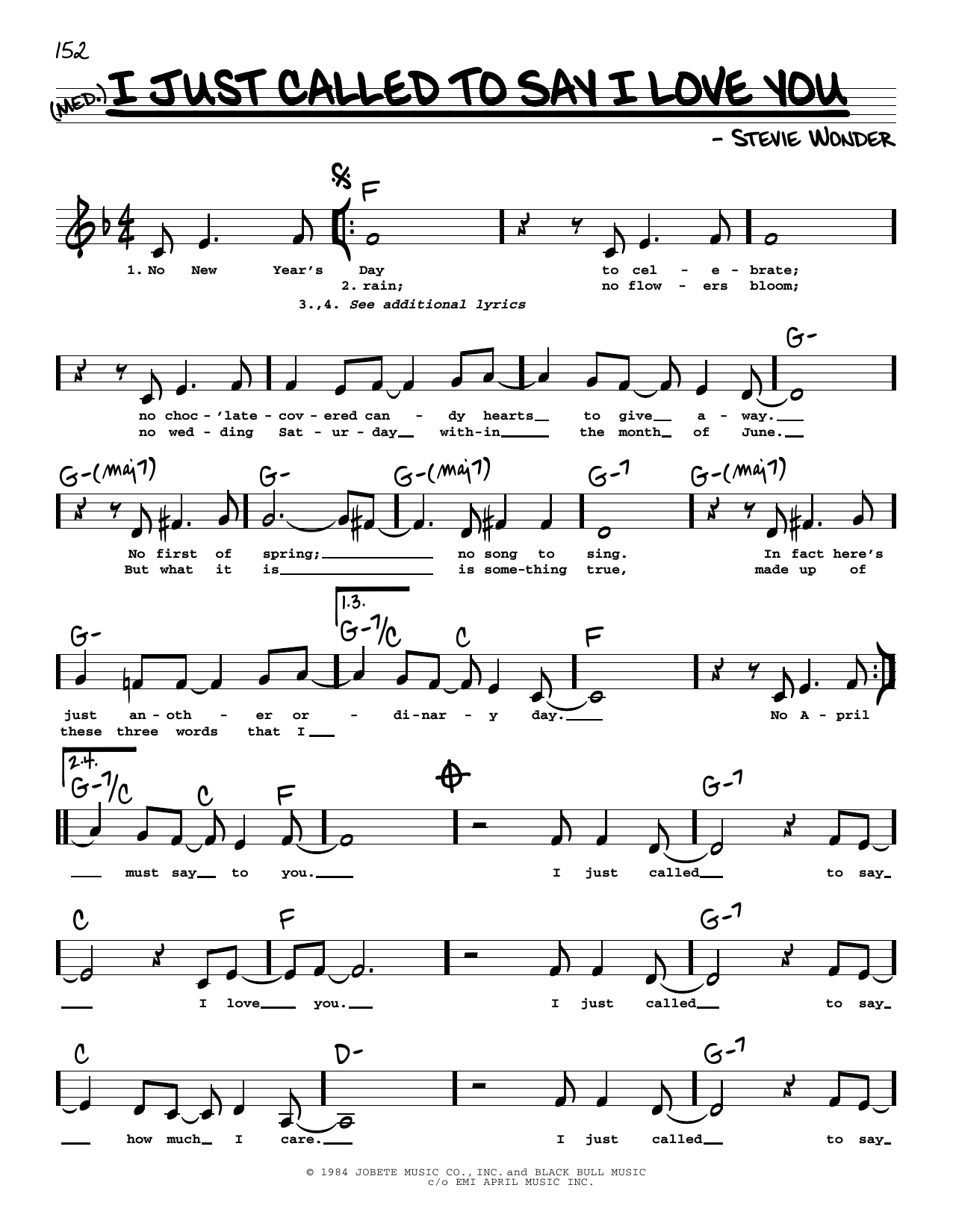 Stevie Wonder I Just Called To Say I Love You (Low Voice) Sheet Music