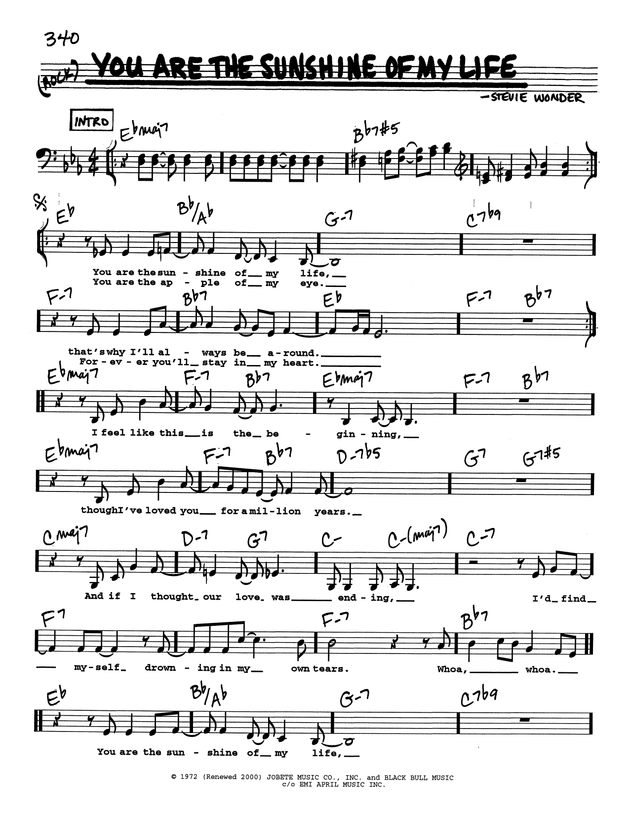 Stevie Wonder You Are The Sunshine Of My Life (Low Voice) Sheet Music