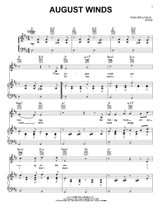 Sting August Winds Sheet Music