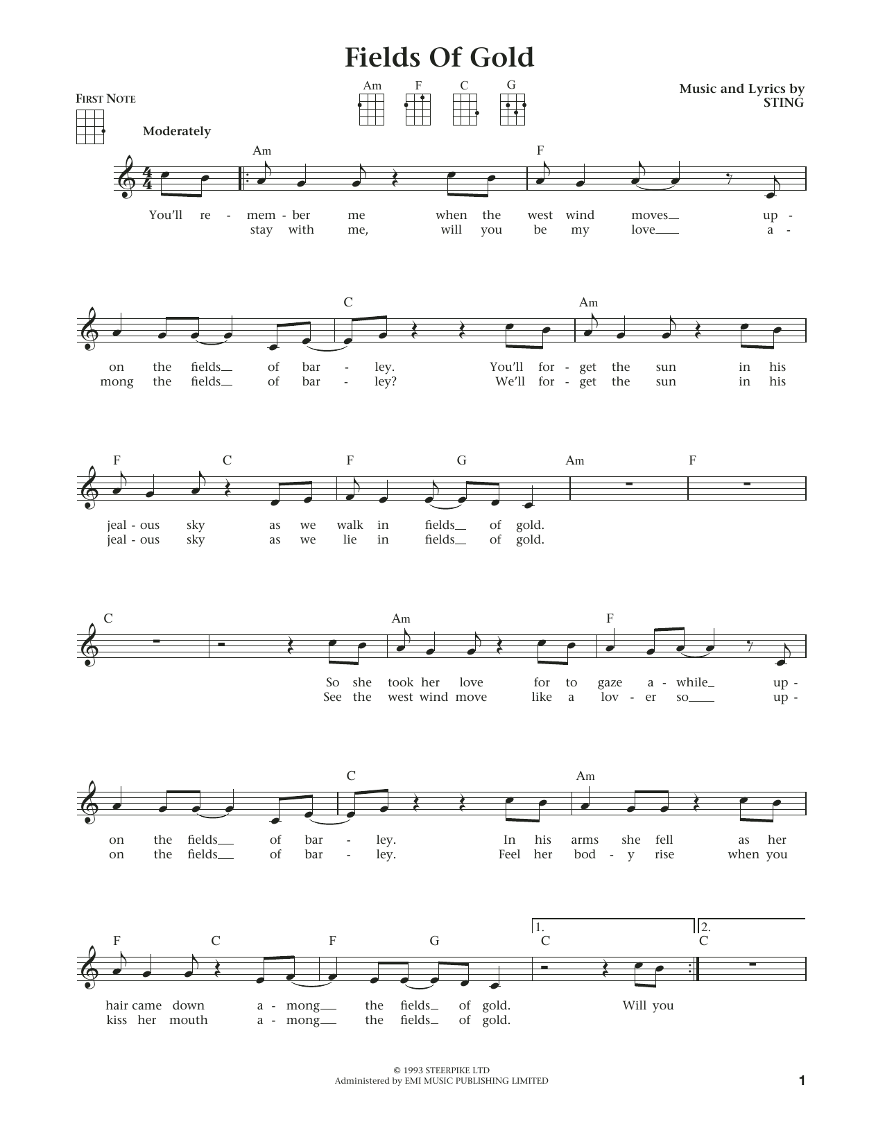 Sting Fields Of Gold (from The Daily Ukulele) (arr. Liz and Jim Beloff) Sheet Music