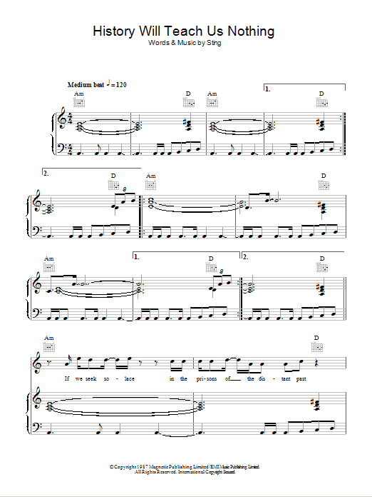 Sting History Will Teach Us Nothing Sheet Music