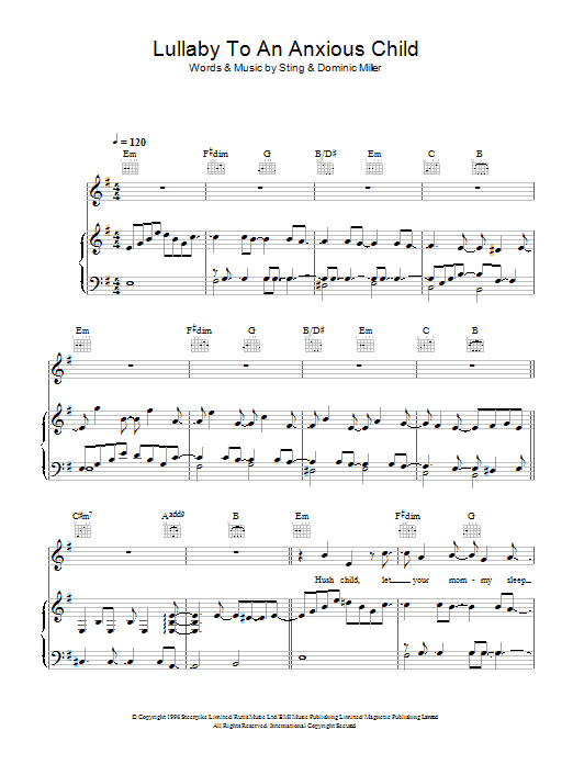 Sting Lullaby For An Anxious Child Sheet Music
