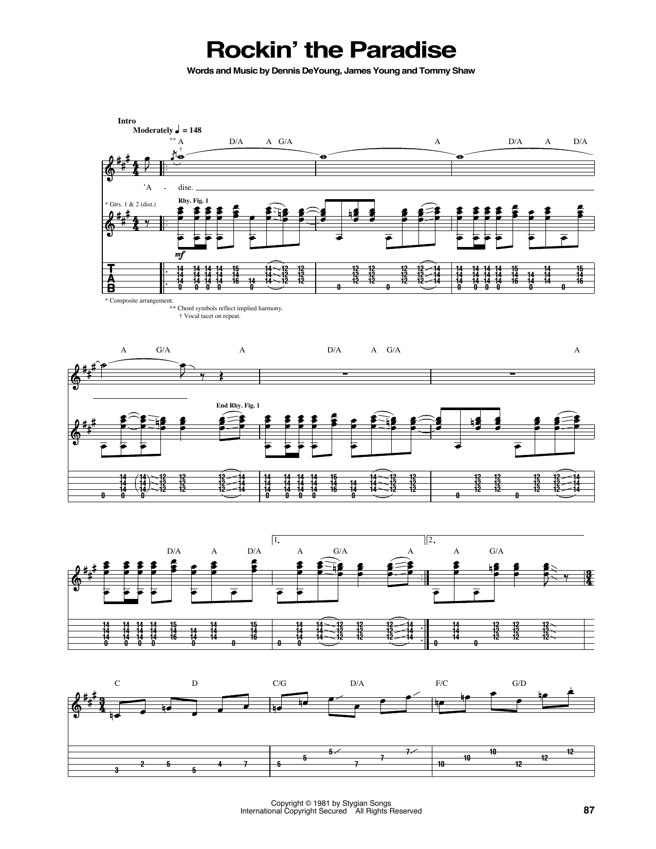 Styx Rockin' The Paradise Sheet Music