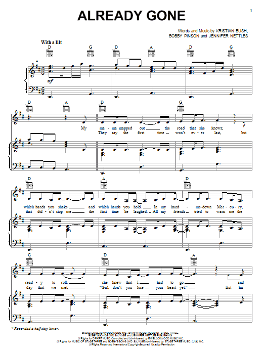 Sugarland Already Gone Sheet Music
