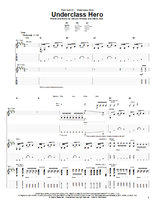 Sum 41 Underclass Hero Sheet Music