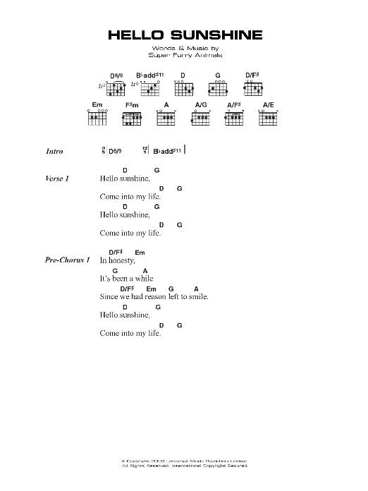 Super Furry Animals Hello Sunshine Sheet Music