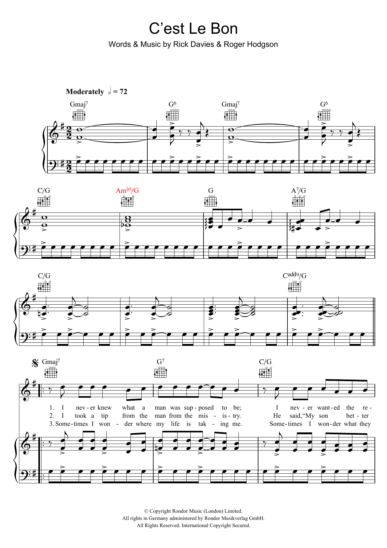 Supertramp C'est Le Bon Sheet Music
