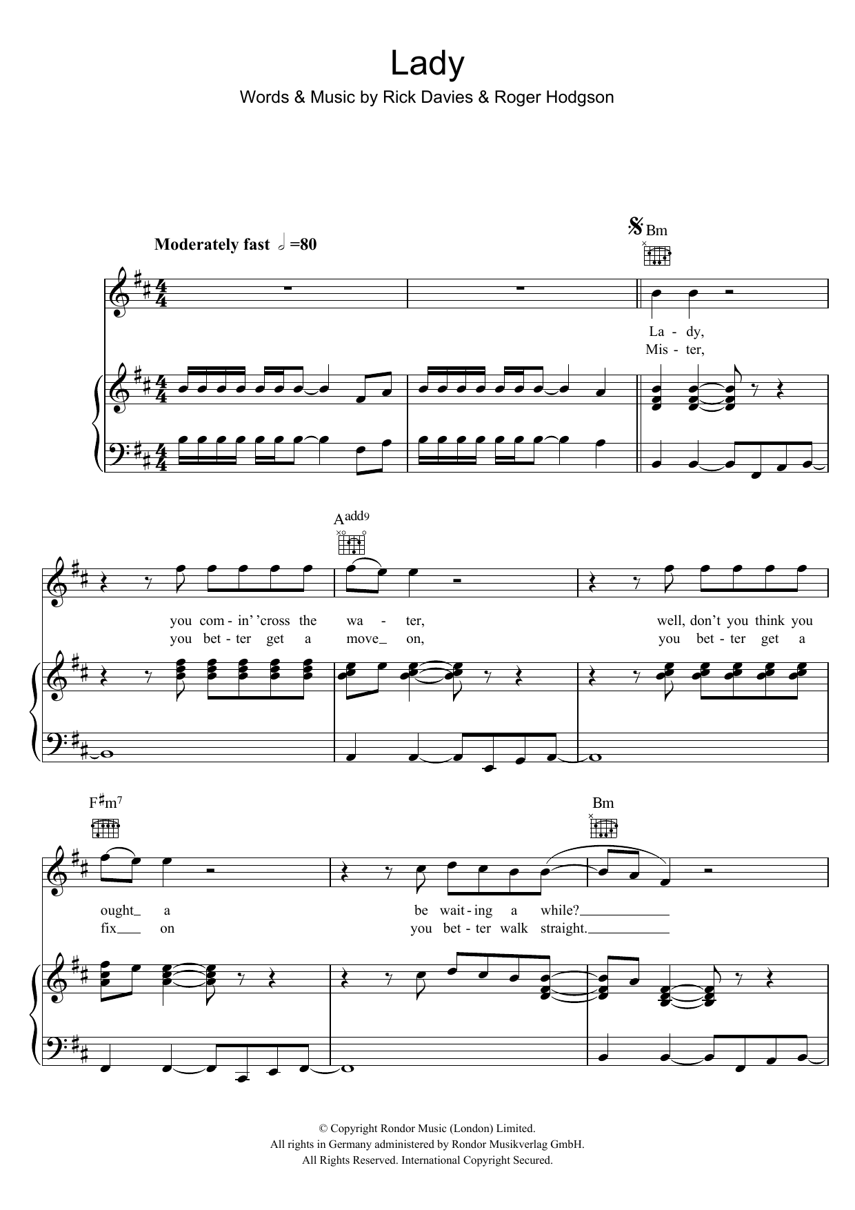 Supertramp Lady Sheet Music