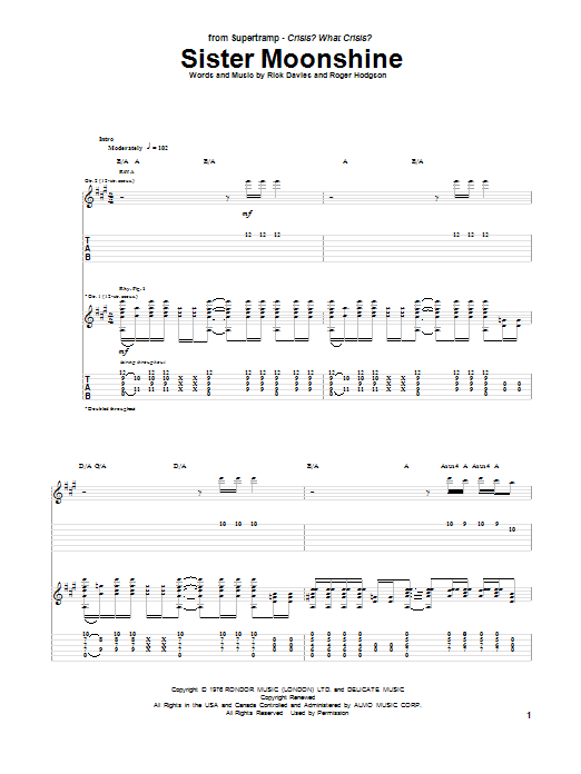 Supertramp Sister Moonshine Sheet Music