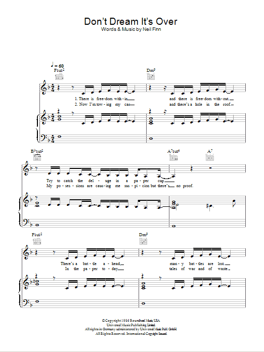 Susan Boyle Don't Dream It's Over Sheet Music
