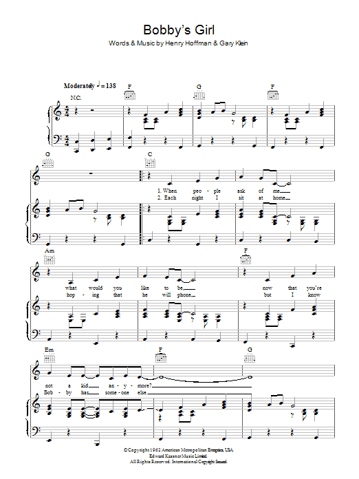 Susan Maughan Bobby's Girl Sheet Music